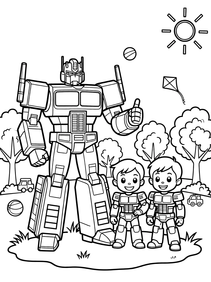 Optimus Prime smiling and posing with their sidekicks, surrounded by trees, toys, or fun backgrounds.