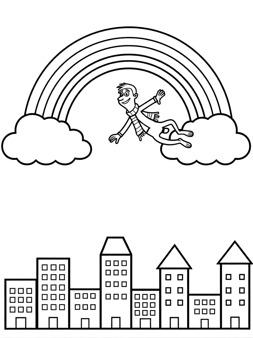 Gru flying through the clouds with a rainbow behind and city skyline below.