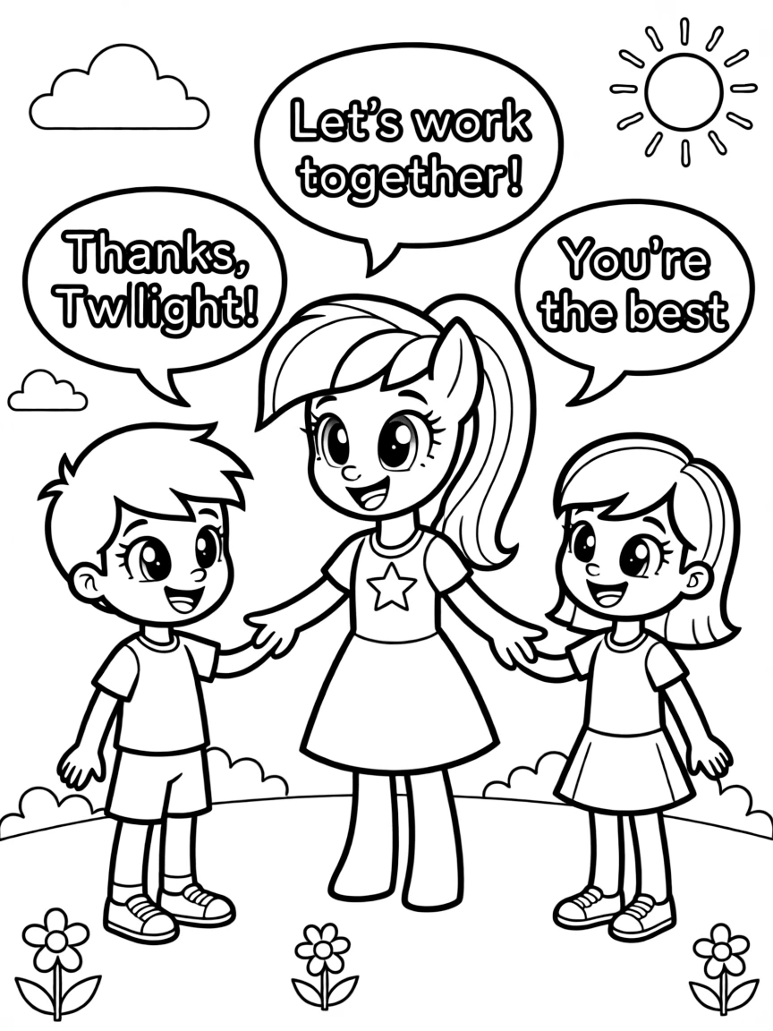 A cartoon-style drawing of Twilight Sparkle helping friends, with speech bubbles and cheerful faces.