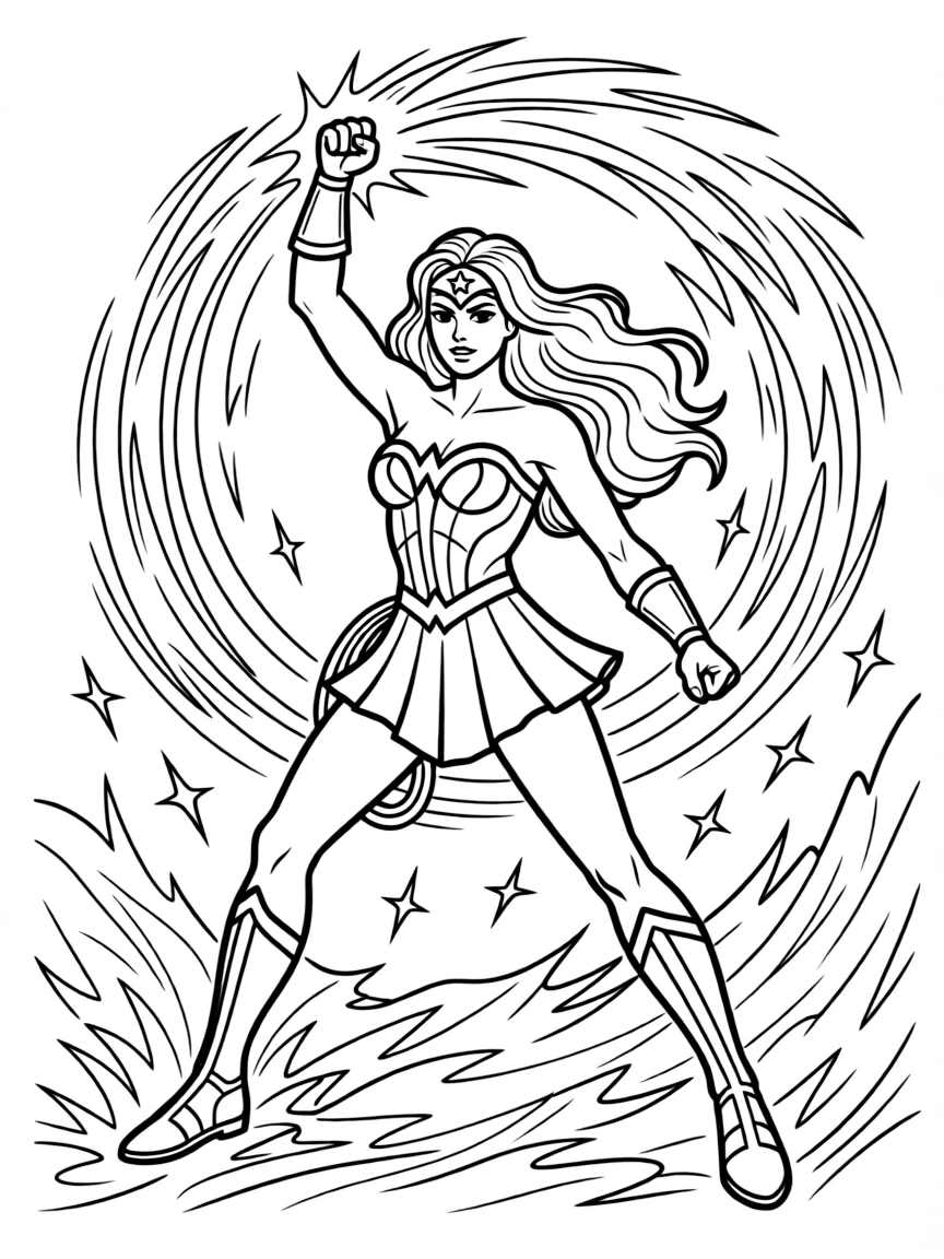 An action-packed scene of Wonder Woman using their special powers in a dramatic battle pose.