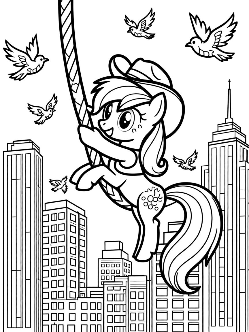 A fun and detailed coloring page of Applejack swinging through a city full of tall buildings and birds.