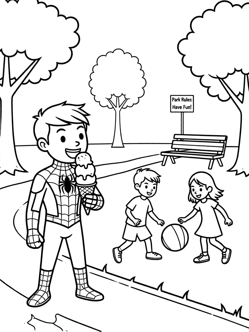 Spiderman enjoying a day off, eating ice cream or playing with friends in a park setting.