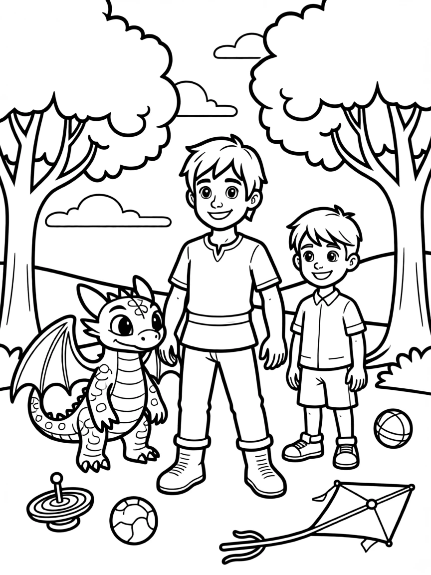 Hiccup smiling and posing with their sidekicks, surrounded by trees, toys, or fun backgrounds.