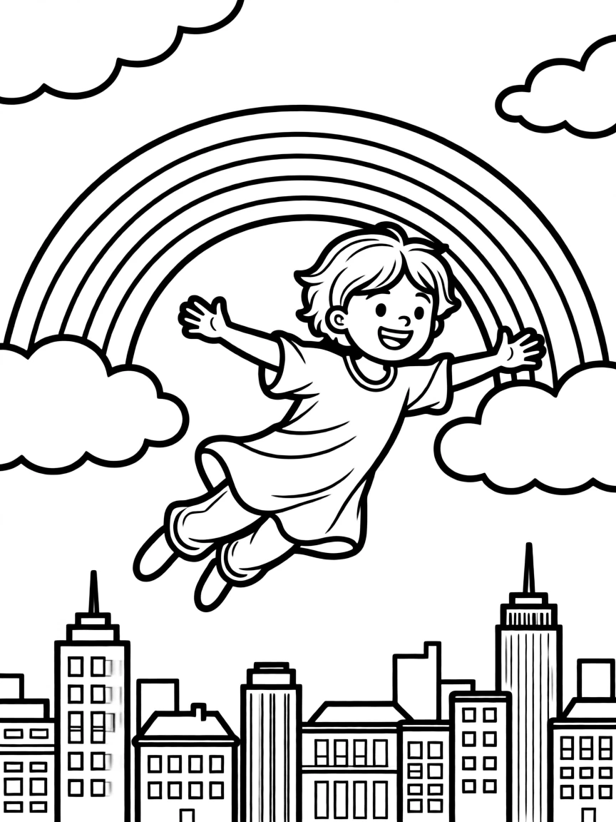 Anger flying through the clouds with a rainbow behind and city skyline below.