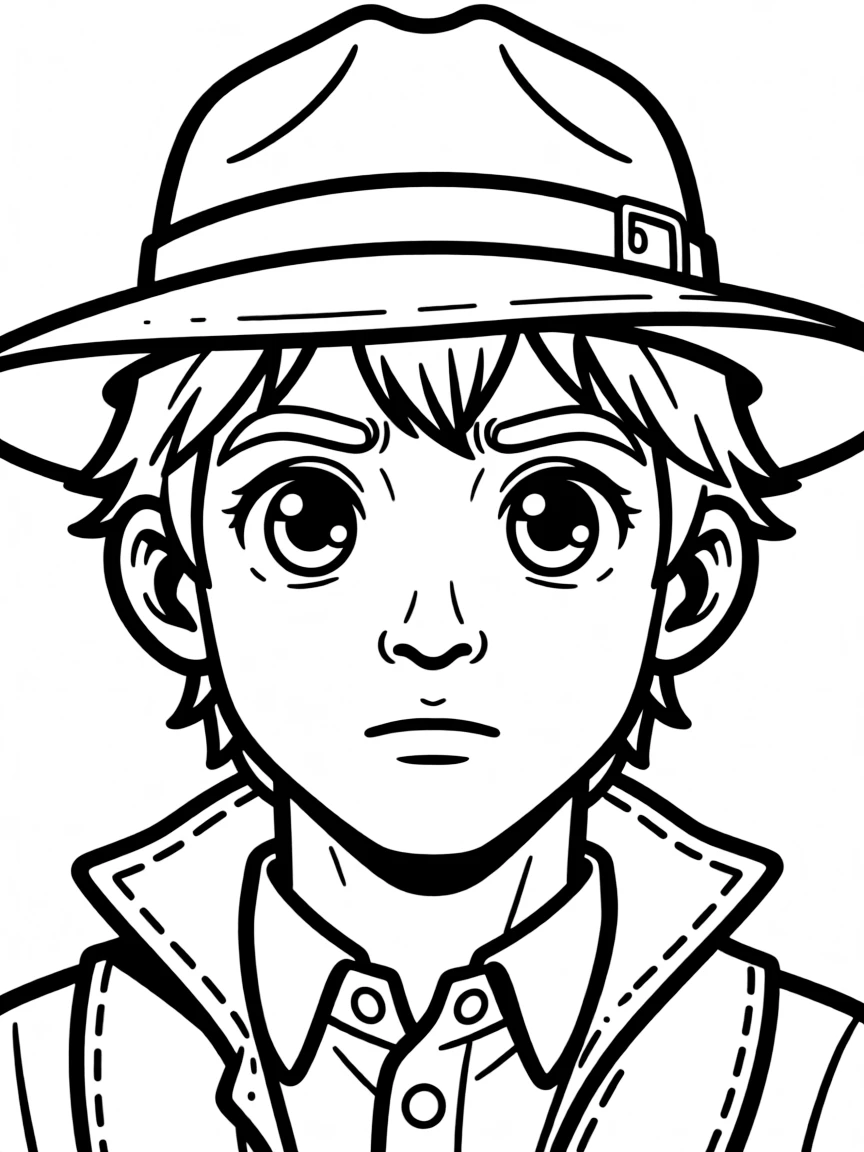 A close-up of Diego's face in bold lines with expressive eyes and detailed costume elements.