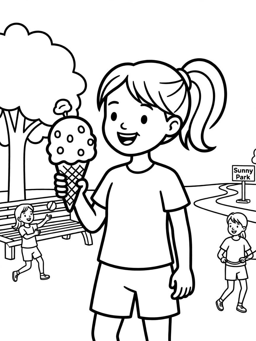 Fiona enjoying a day off, eating ice cream or playing with friends in a park setting.