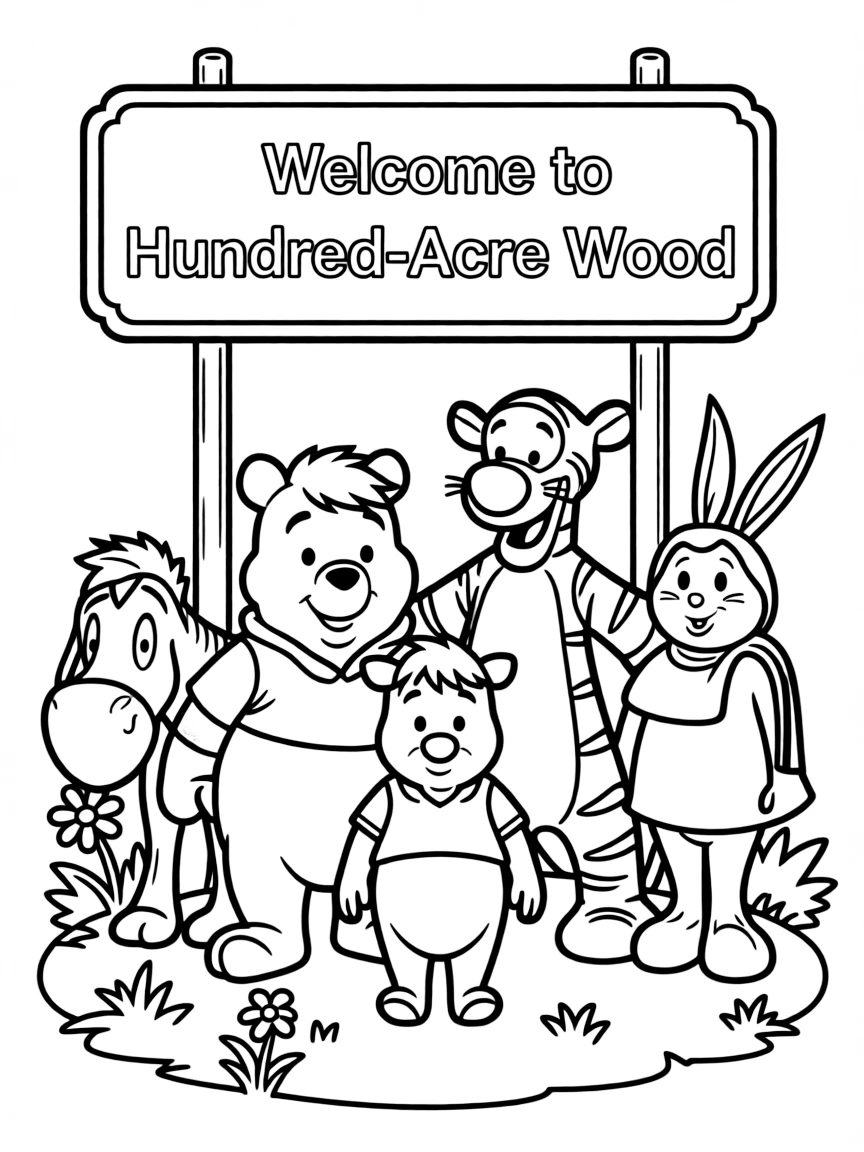 A group coloring page featuring Piglet with other characters from the same show or movie.