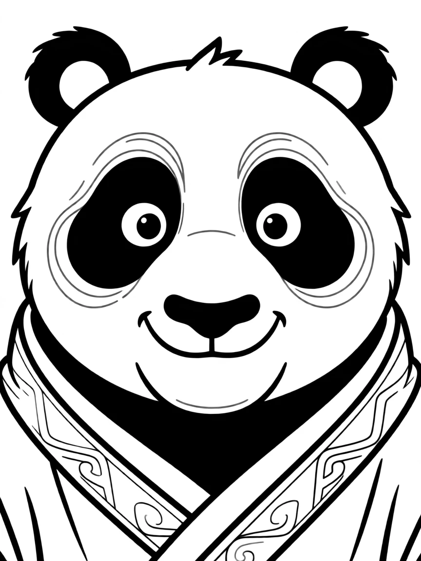 A close-up of Kung Fu Panda's face in bold lines with expressive eyes and detailed costume elements.
