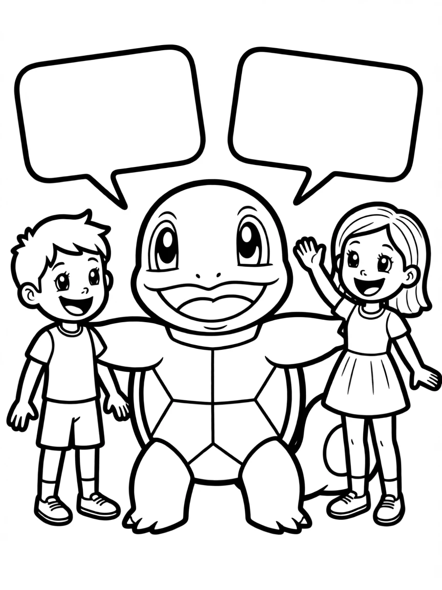 A cartoon-style drawing of Squirtle helping friends, with speech bubbles and cheerful faces.