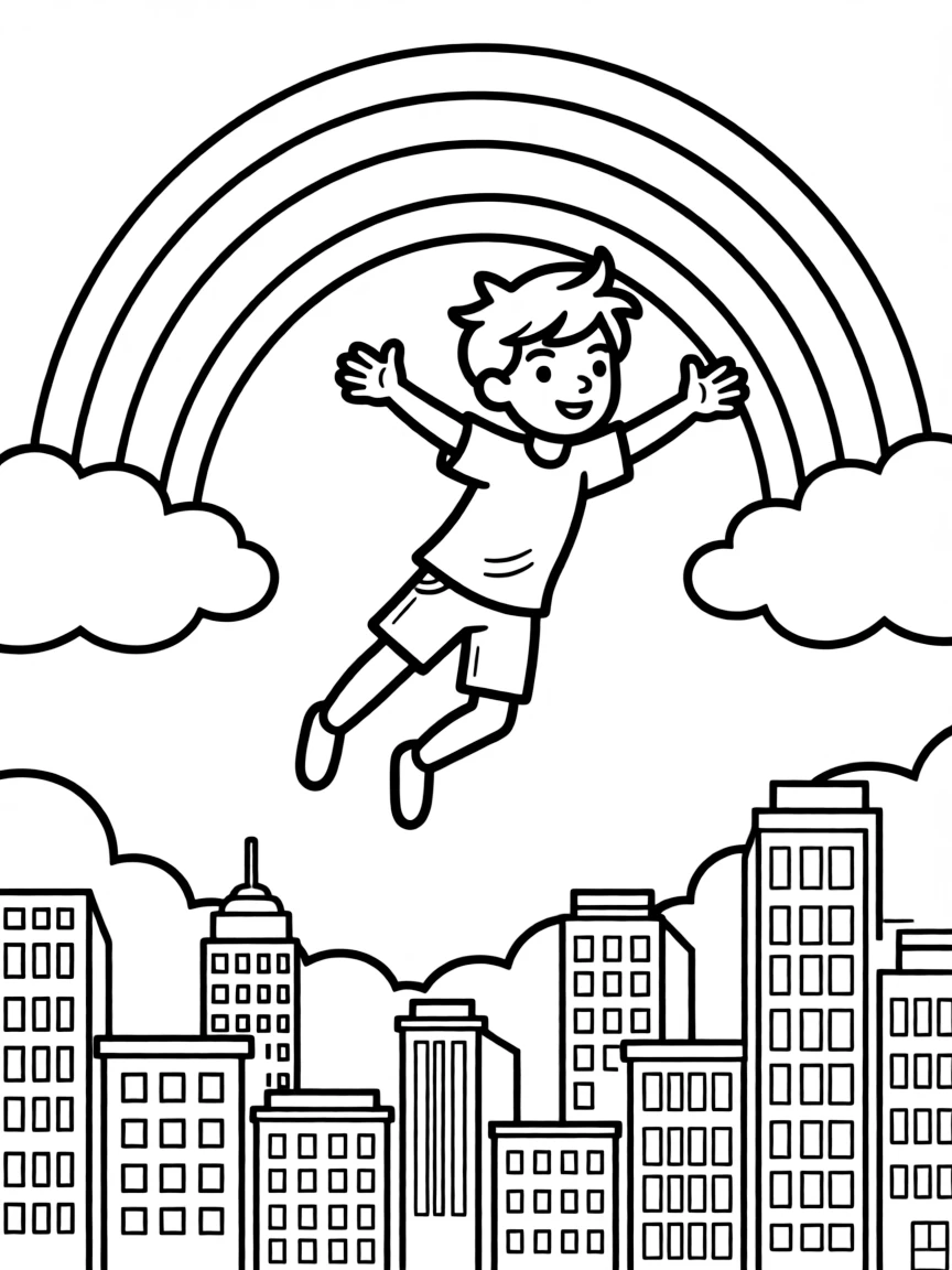 Bruno flying through the clouds with a rainbow behind and city skyline below.