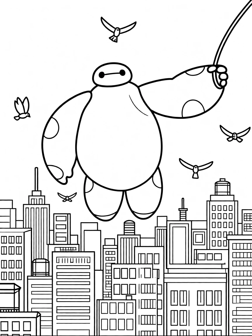 A fun and detailed coloring page of Baymax swinging through a city full of tall buildings and birds.