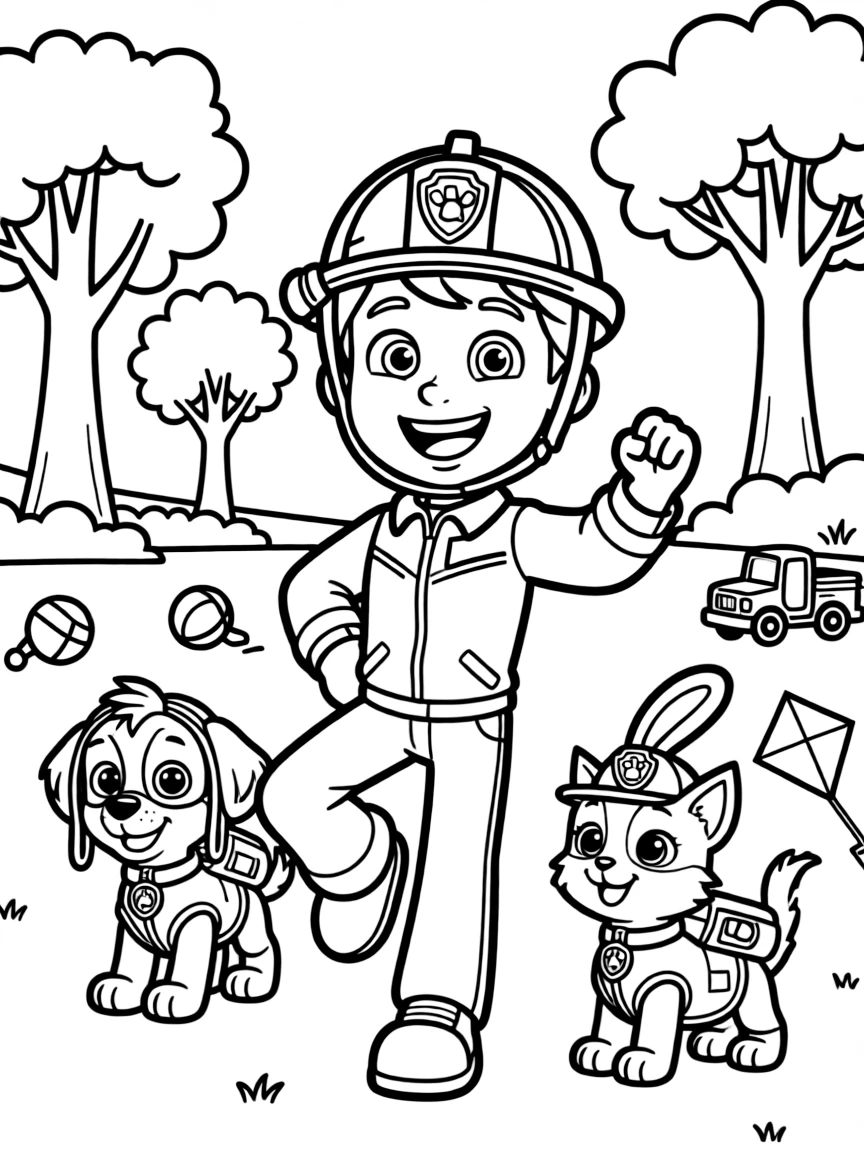 Marshall smiling and posing with their sidekicks, surrounded by trees, toys, or fun backgrounds.