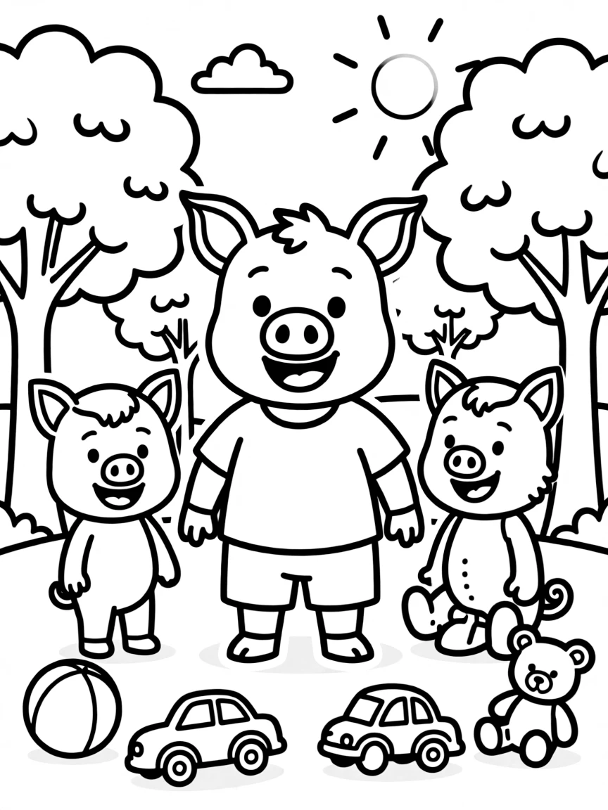 George Pig smiling and posing with their sidekicks, surrounded by trees, toys, or fun backgrounds.