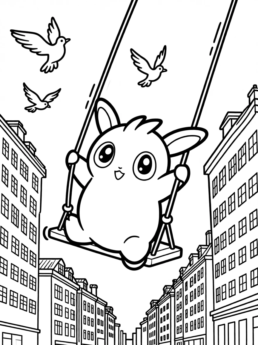 A fun and detailed coloring page of Jigglypuff swinging through a city full of tall buildings and birds.