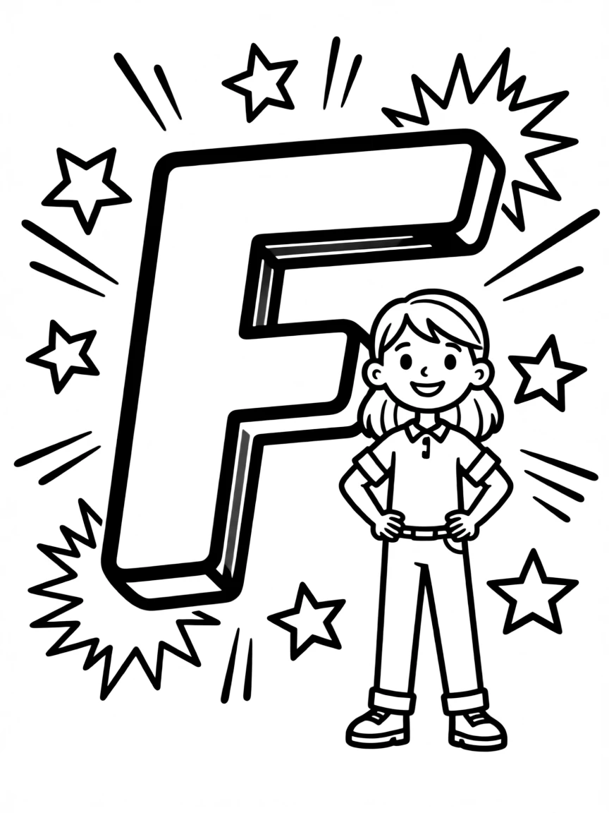 Fiona standing proudly in front of their iconic logo with stars and comic-style effects around.