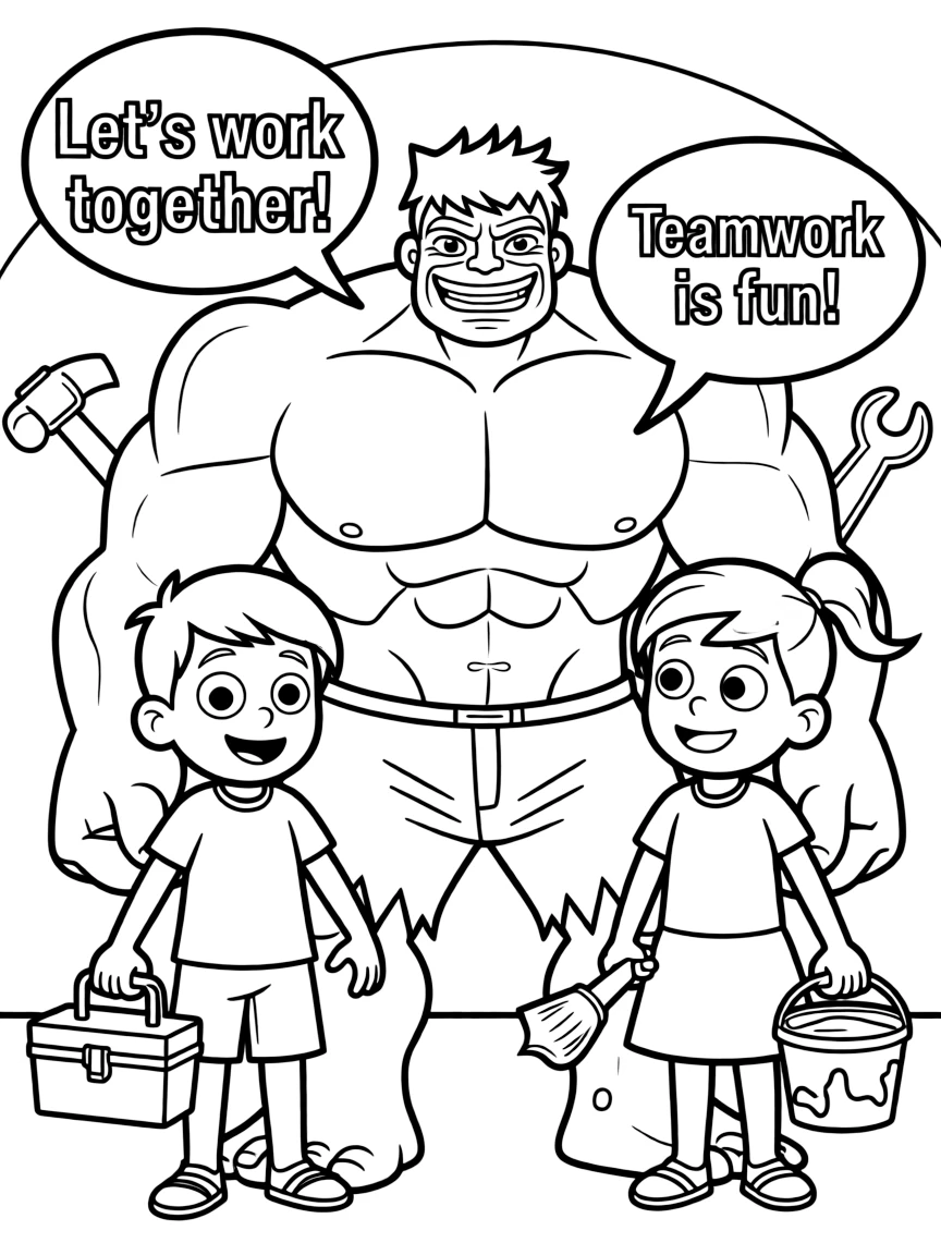 A cartoon-style drawing of Hulk helping friends, with speech bubbles and cheerful faces.