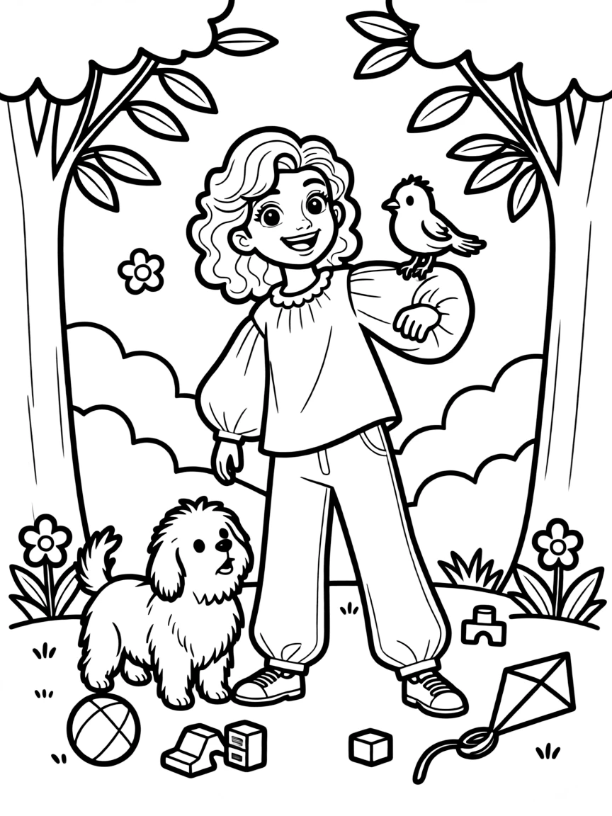 Mirabel smiling and posing with their sidekicks, surrounded by trees, toys, or fun backgrounds.