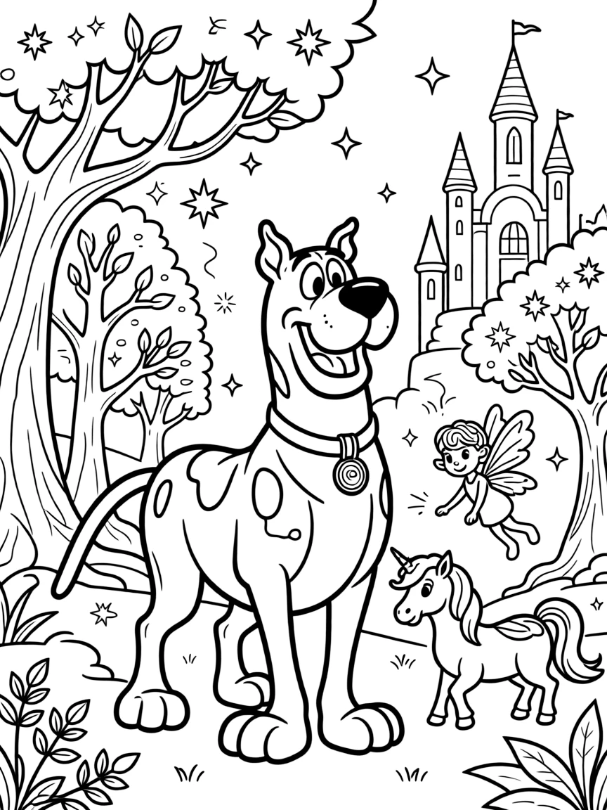A fantasy background of Scooby-Doo in a magical forest or castle, with sparkles and mystical creatures.