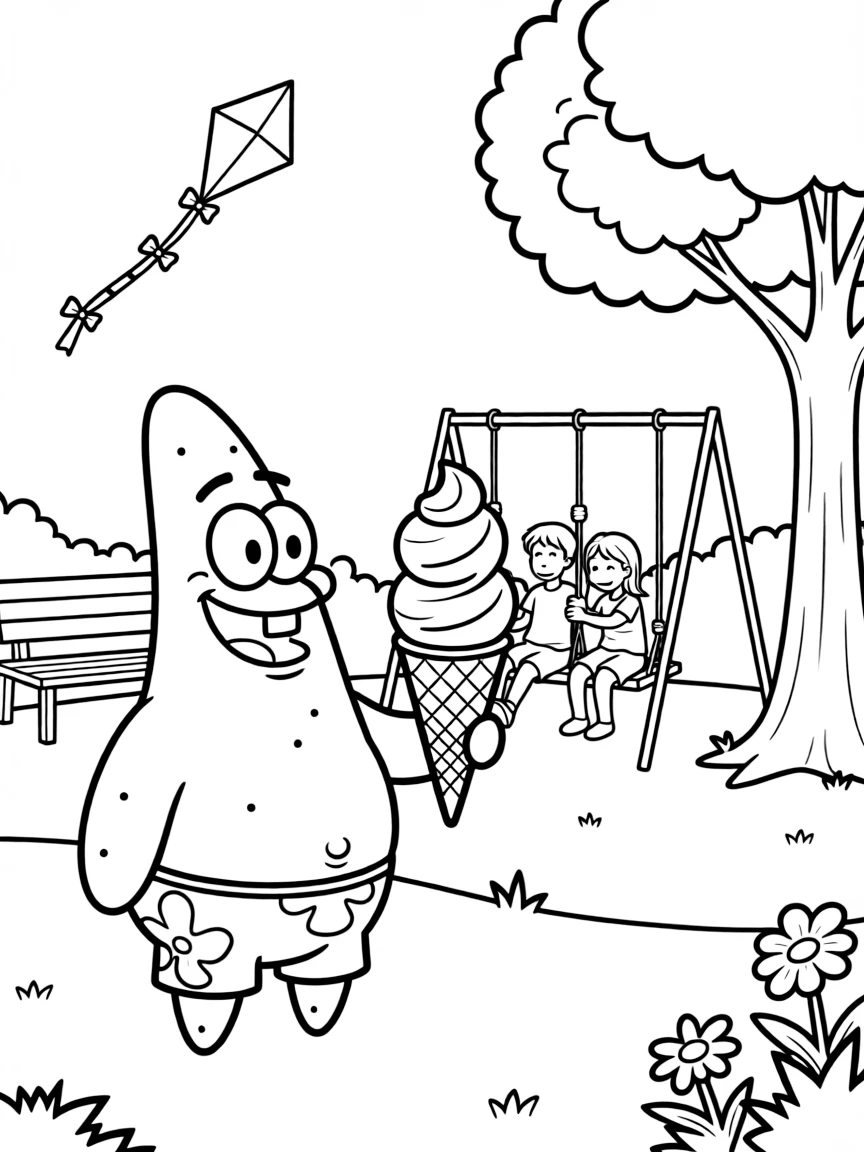 Patrick Star enjoying a day off, eating ice cream or playing with friends in a park setting.