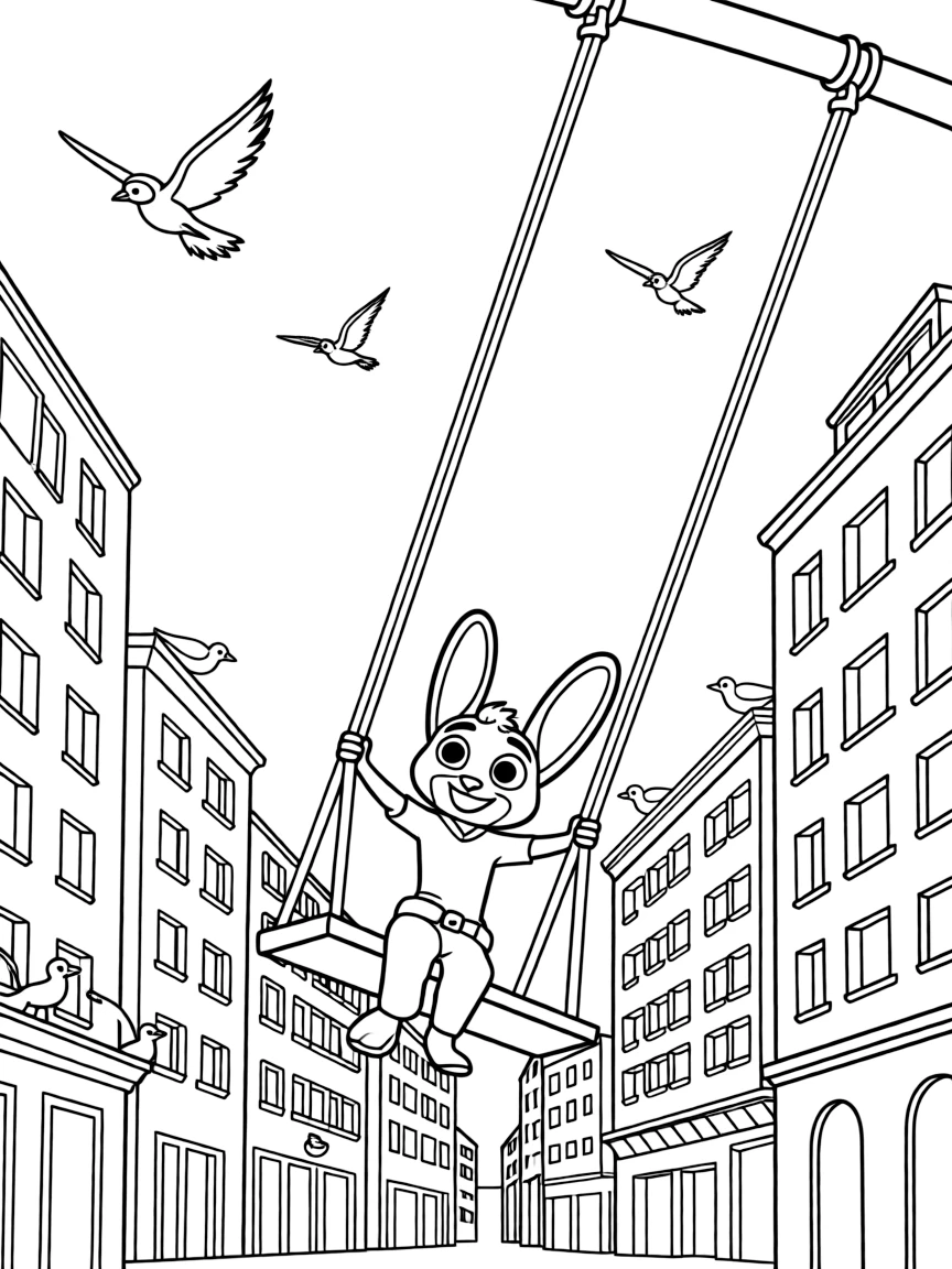 A fun and detailed coloring page of Zootopia swinging through a city full of tall buildings and birds.