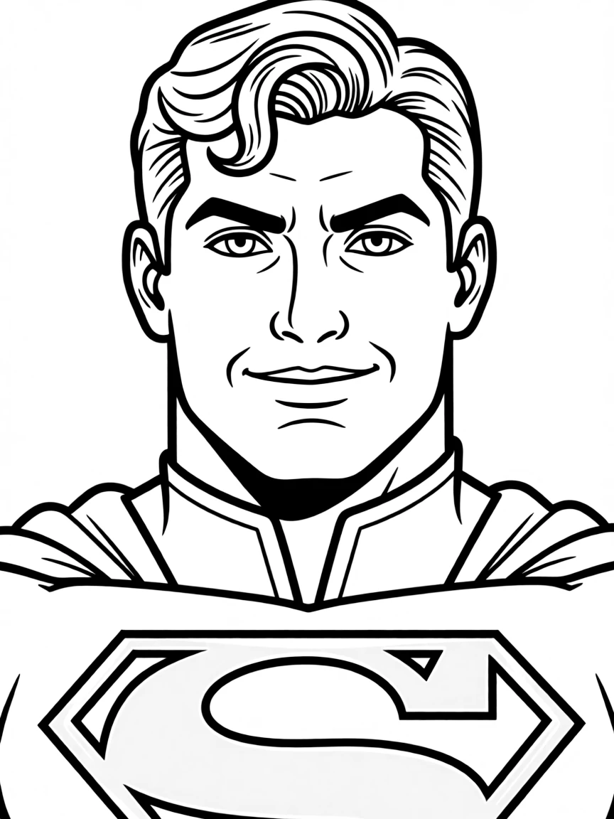 A close-up of Superman's face in bold lines with expressive eyes and detailed costume elements.