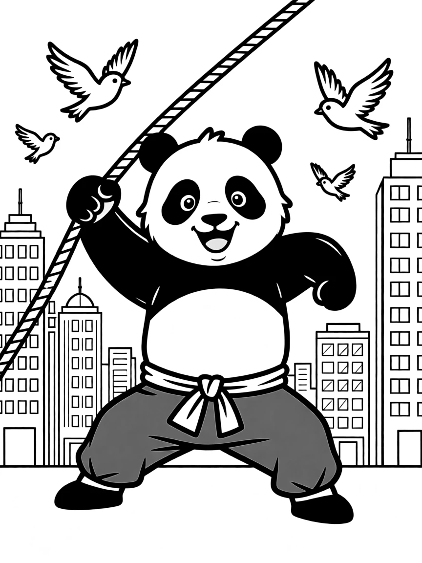 A fun and detailed coloring page of Kung Fu Panda swinging through a city full of tall buildings and birds.
