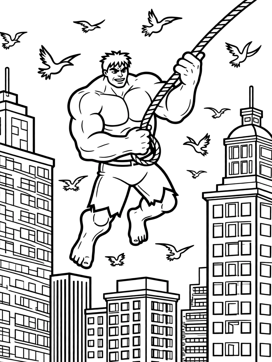 A fun and detailed coloring page of Hulk swinging through a city full of tall buildings and birds.