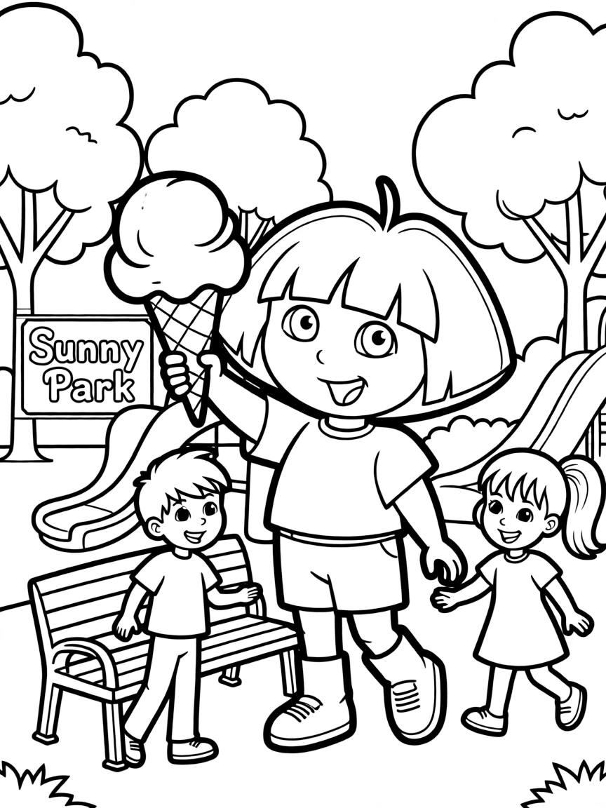 Dora the Explorer enjoying a day off, eating ice cream or playing with friends in a park setting.