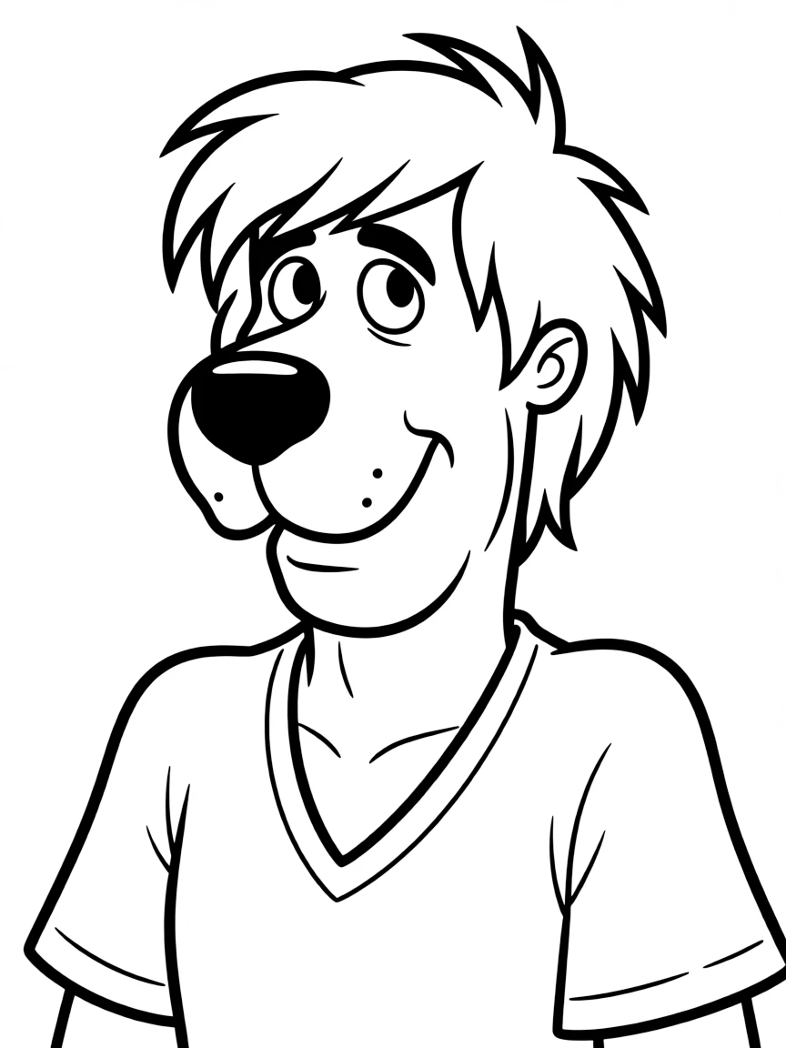 A close-up of Shaggy's face in bold lines with expressive eyes and detailed costume elements.