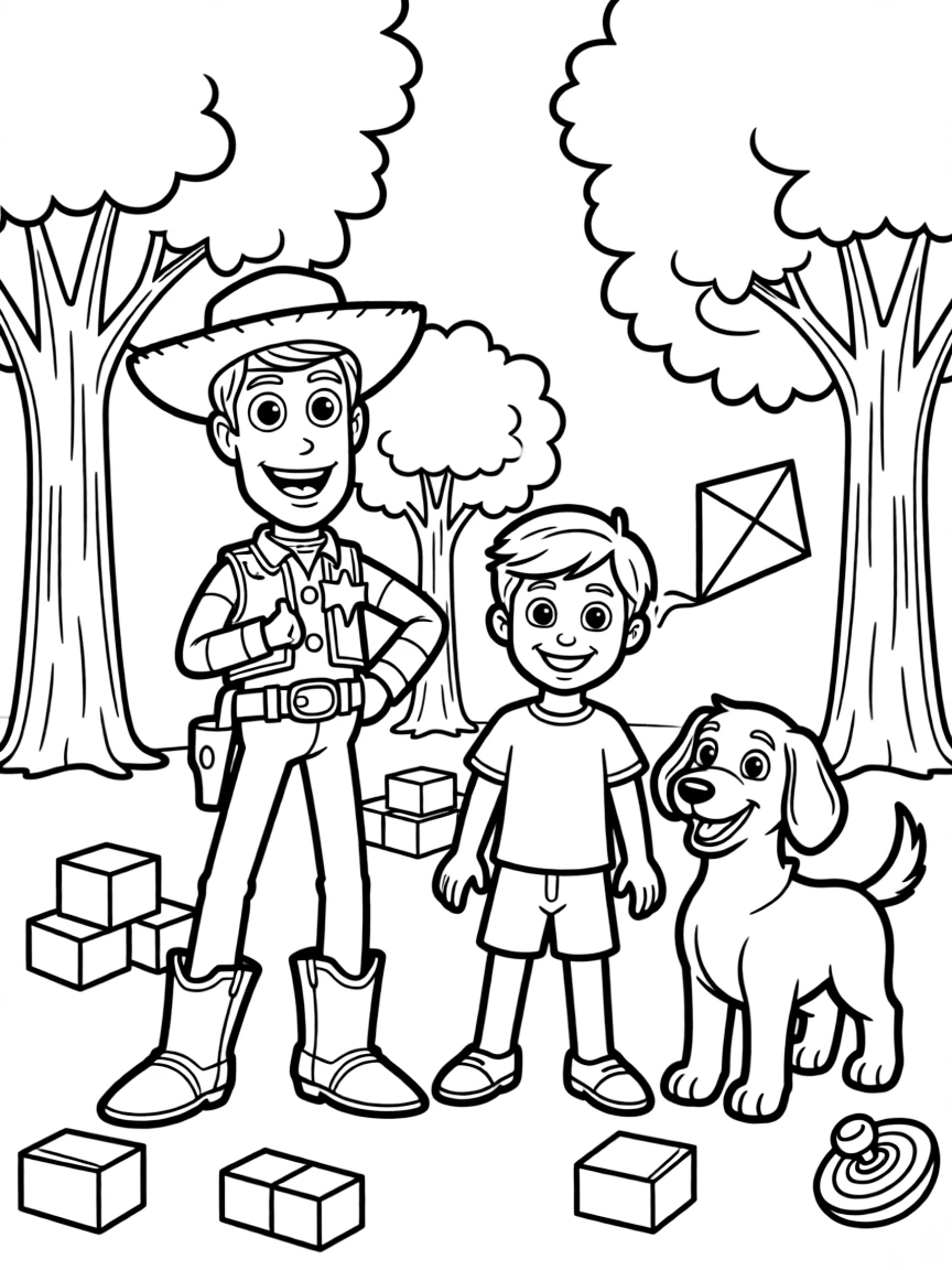 Woody smiling and posing with their sidekicks, surrounded by trees, toys, or fun backgrounds.