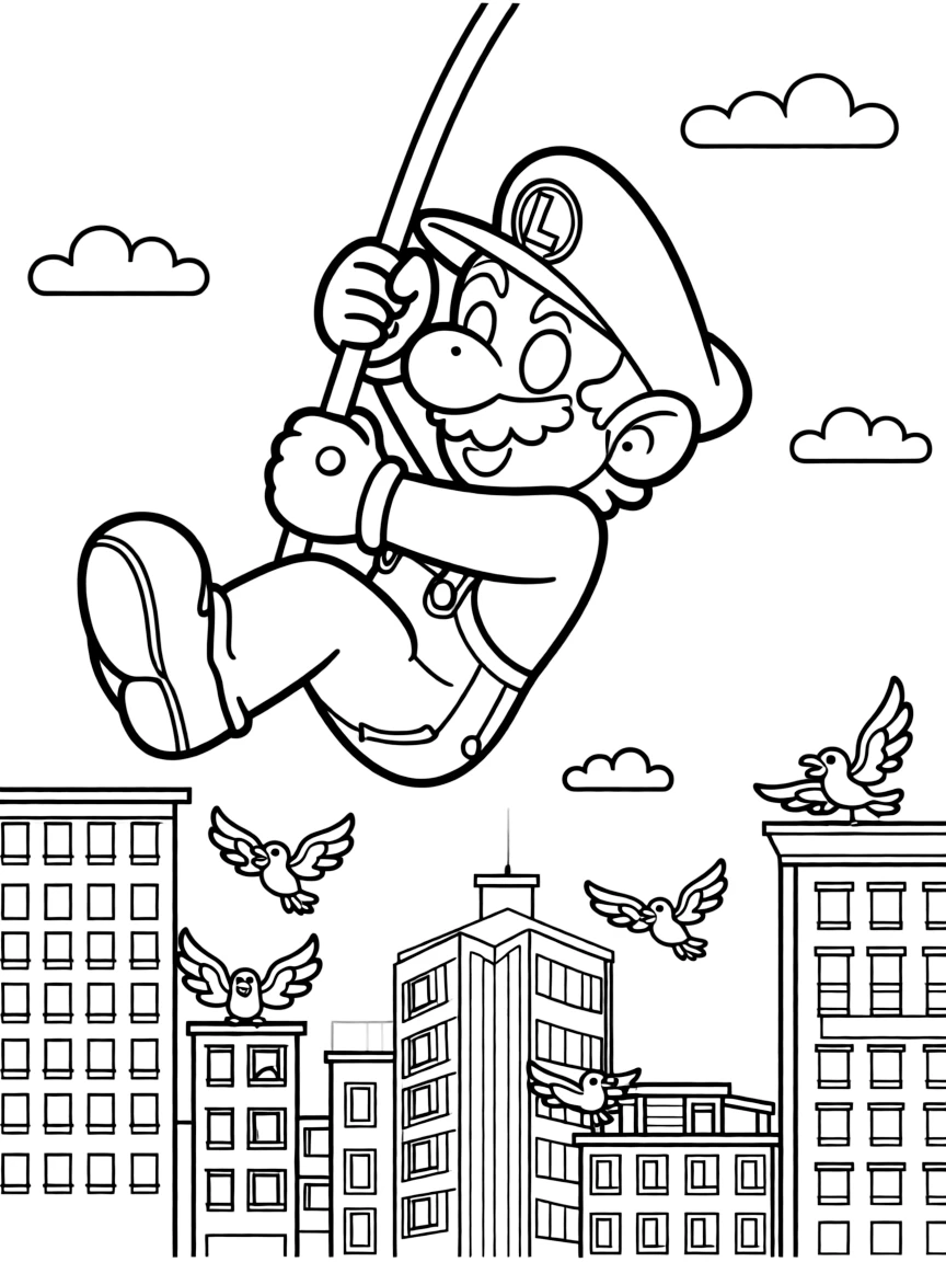 A fun and detailed coloring page of Luigi swinging through a city full of tall buildings and birds.