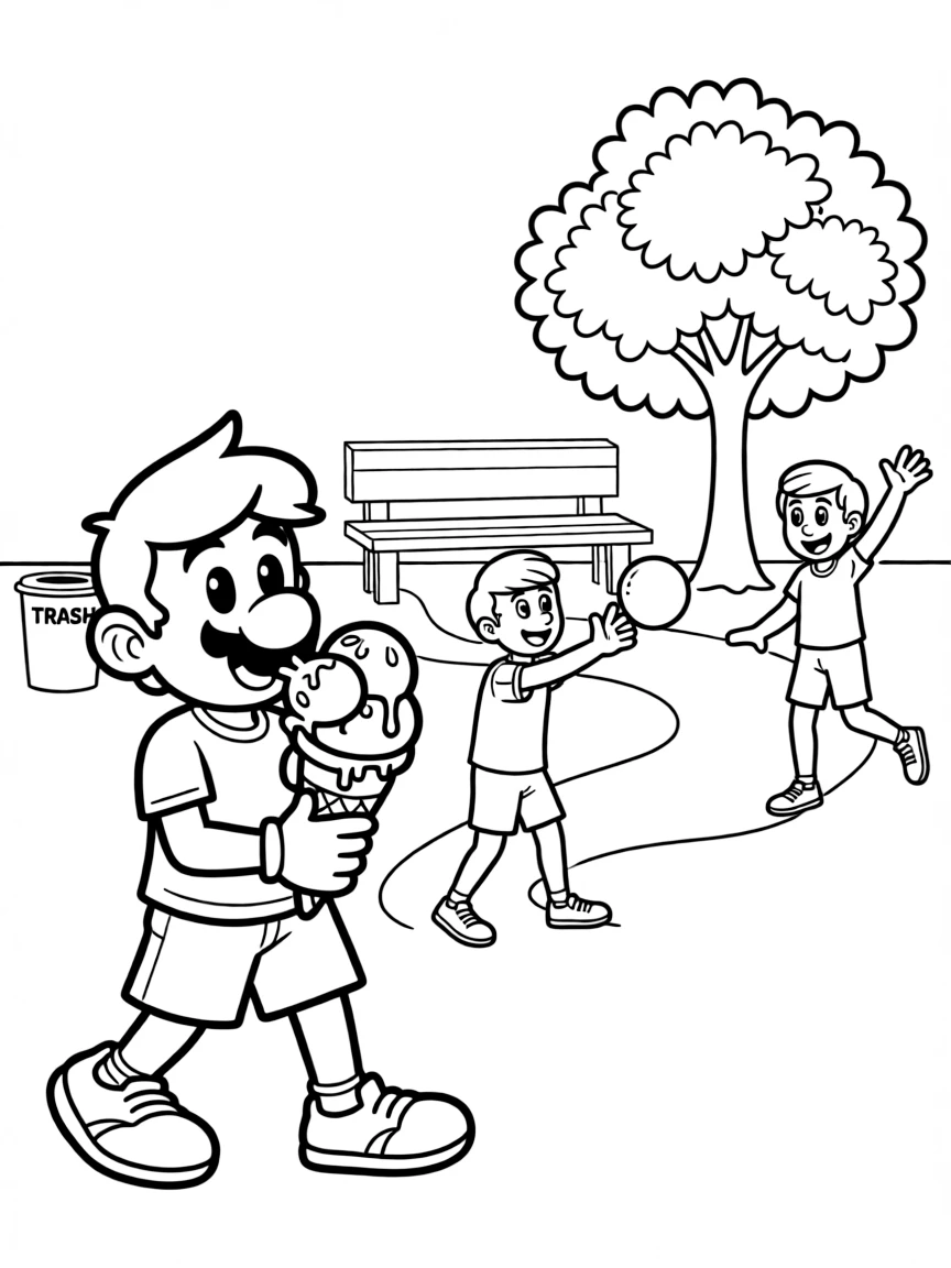 Mario enjoying a day off, eating ice cream or playing with friends in a park setting.