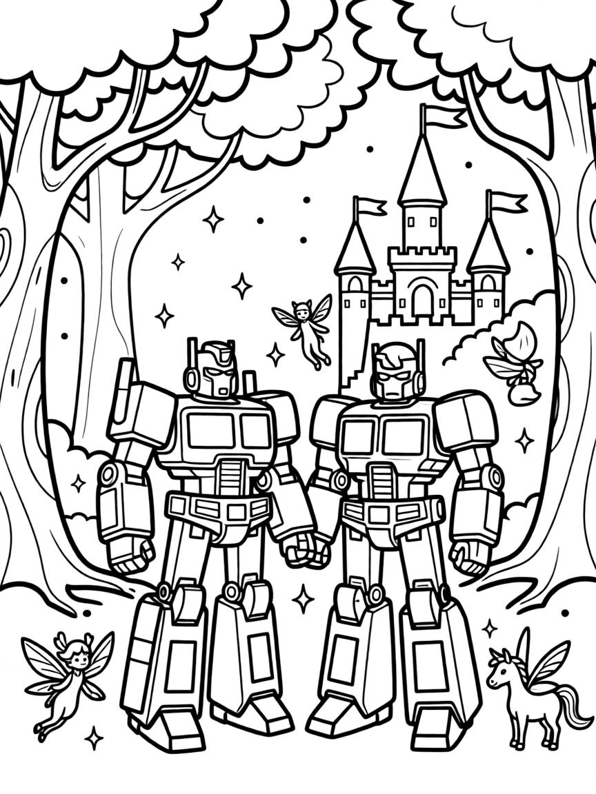 A fantasy background of Transformers in a magical forest or castle, with sparkles and mystical creatures.