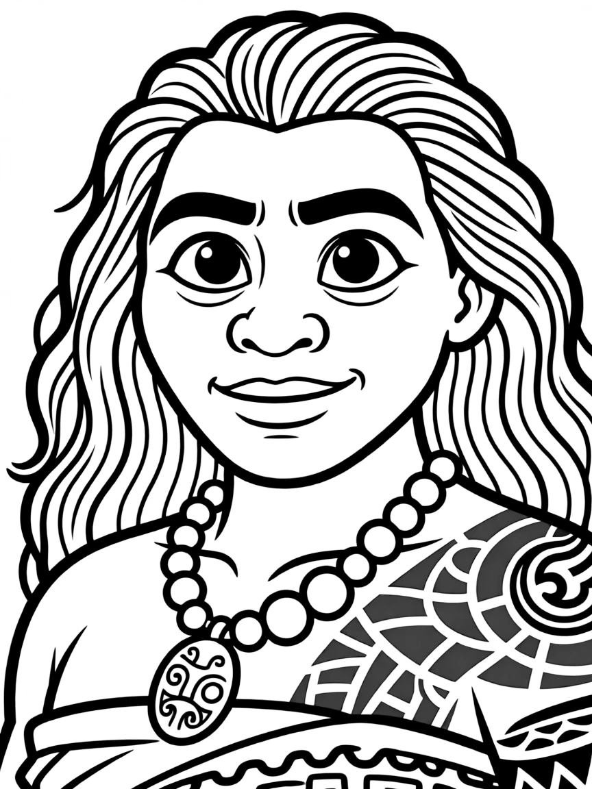 A close-up of Maui's face in bold lines with expressive eyes and detailed costume elements.