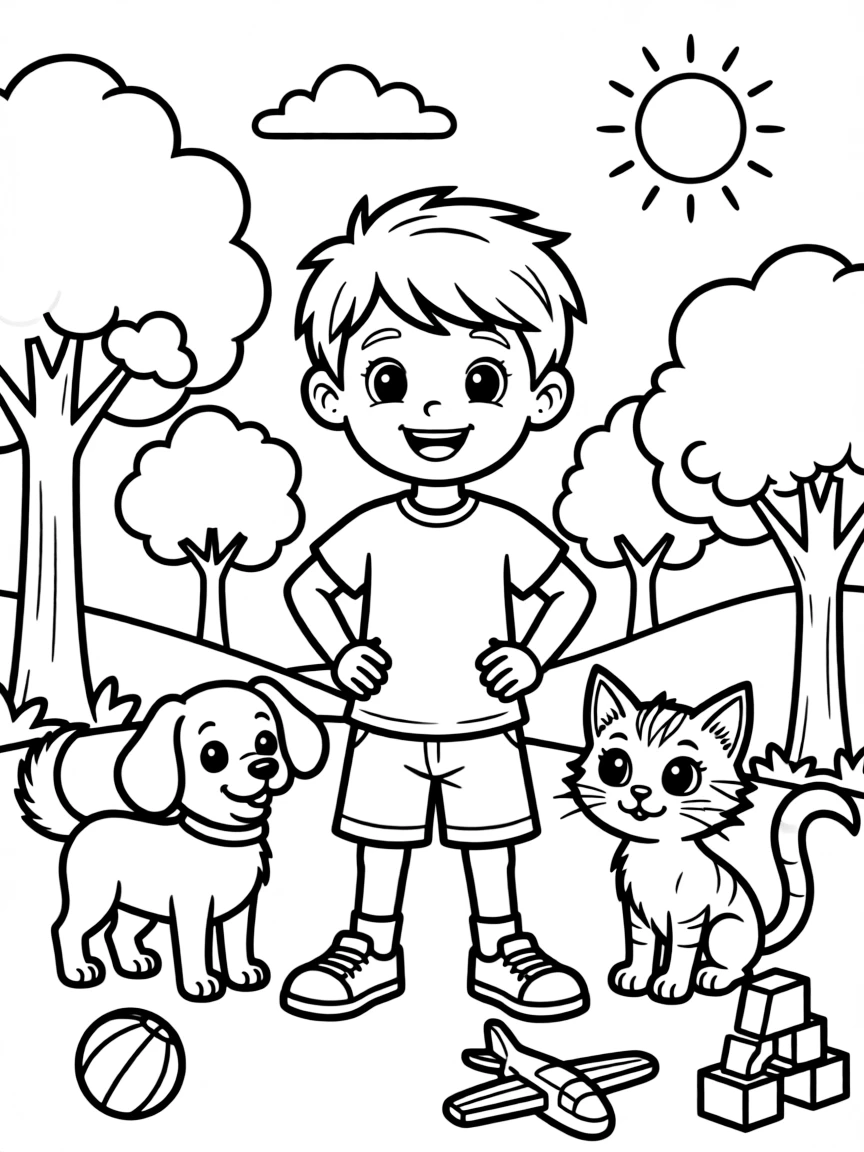Bruno smiling and posing with their sidekicks, surrounded by trees, toys, or fun backgrounds.