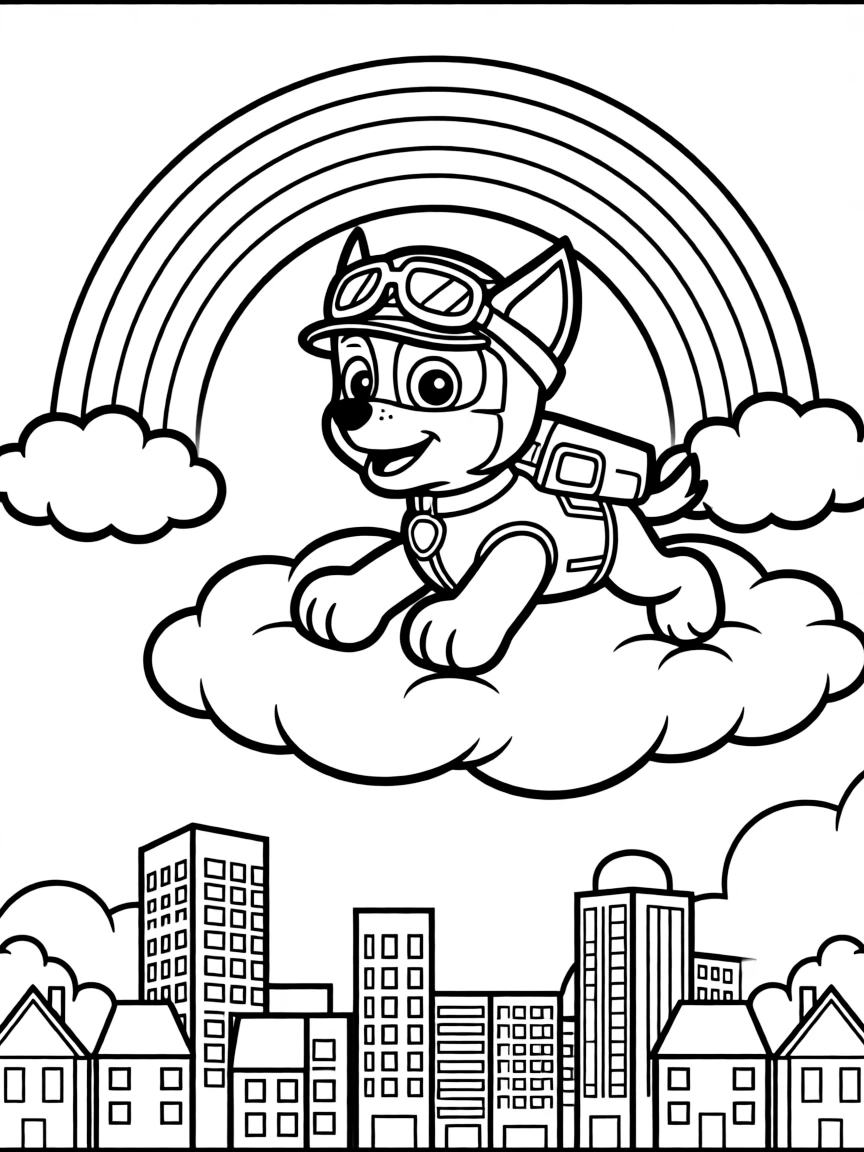 Chase flying through the clouds with a rainbow behind and city skyline below.