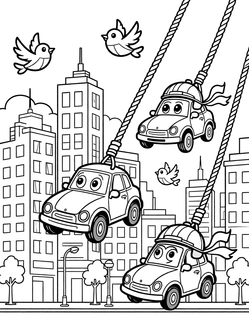 A fun and detailed coloring page of Cars swinging through a city full of tall buildings and birds.