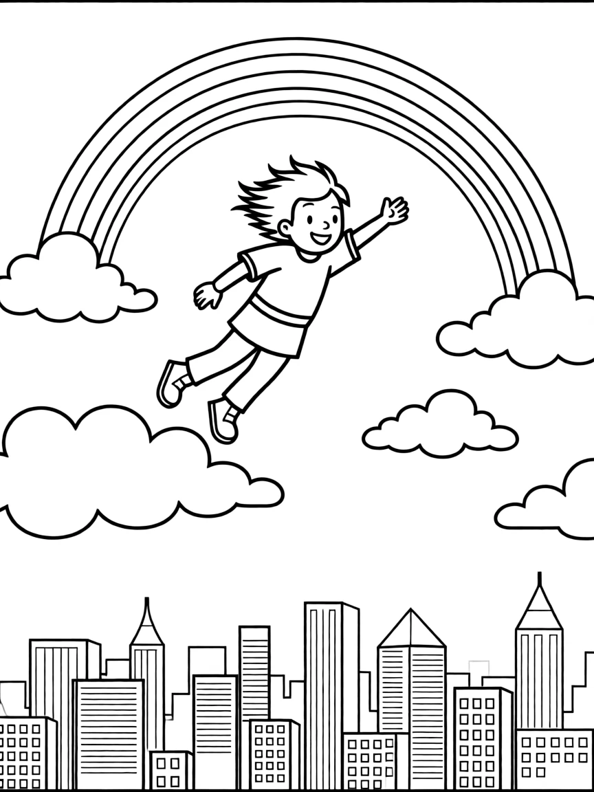 Hiccup flying through the clouds with a rainbow behind and city skyline below.