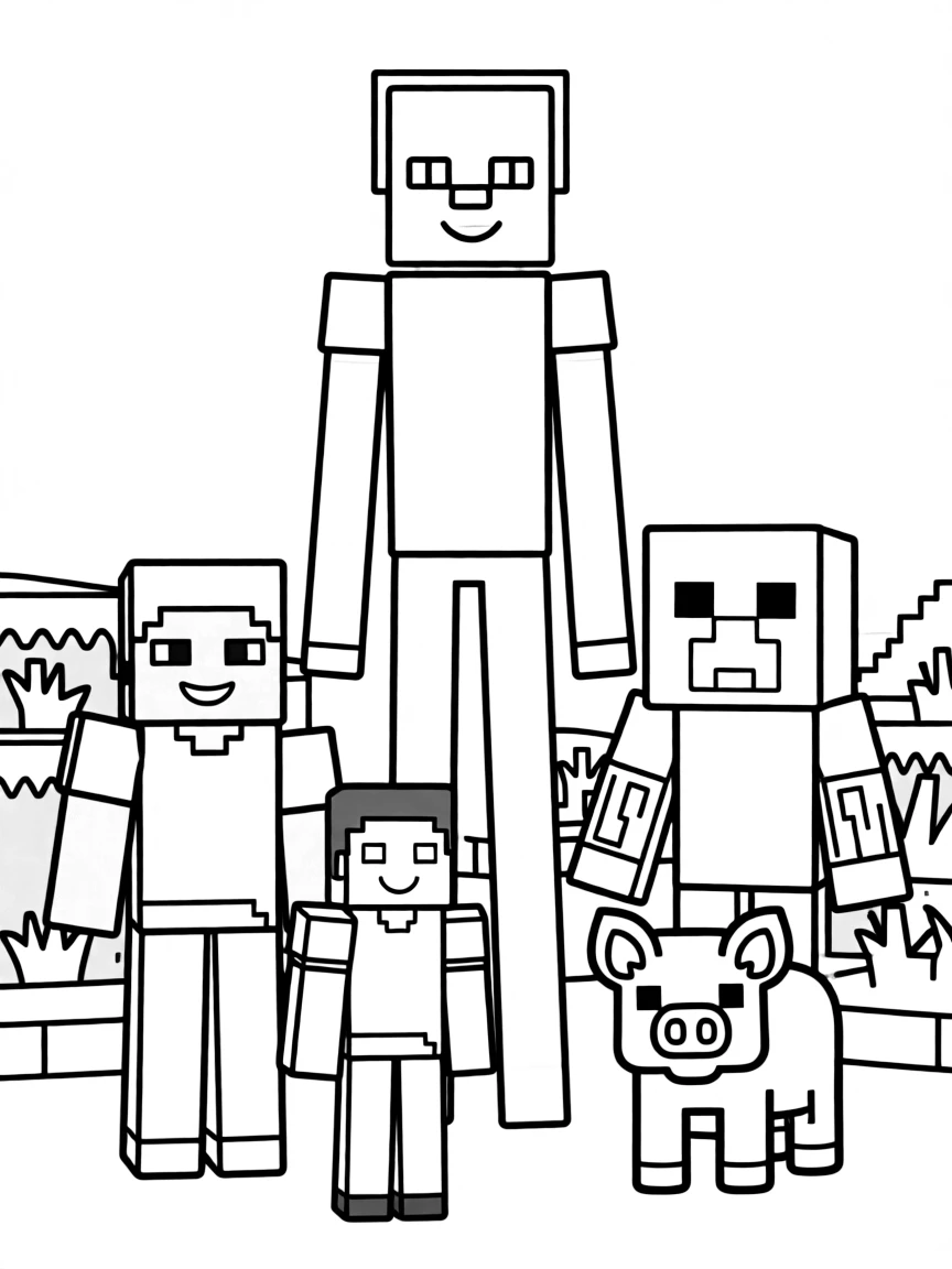 A group coloring page featuring Enderman with other characters from the same show or movie.