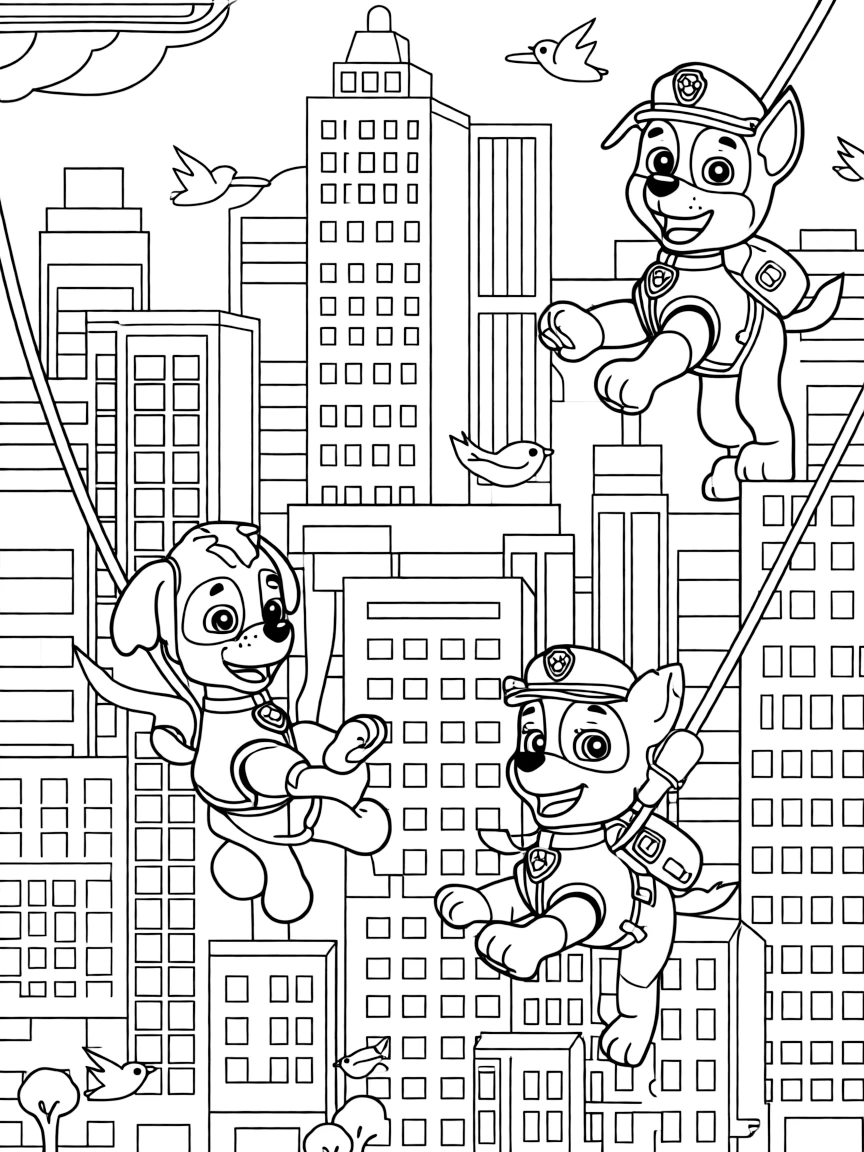A fun and detailed coloring page of Paw Patrol swinging through a city full of tall buildings and birds.