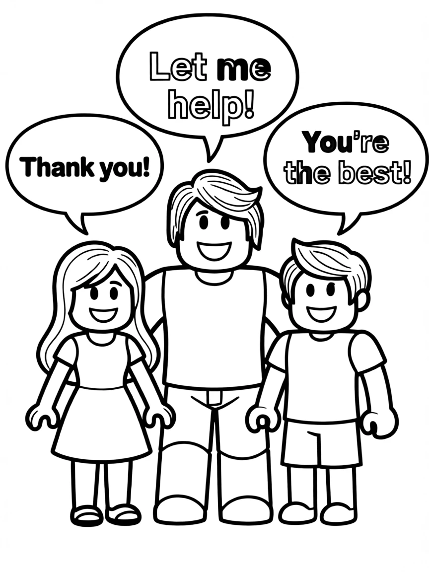 A cartoon-style drawing of Roblox helping friends, with speech bubbles and cheerful faces.