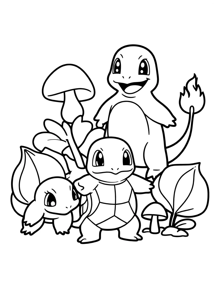 A group coloring page featuring Squirtle with other characters from the same show or movie.