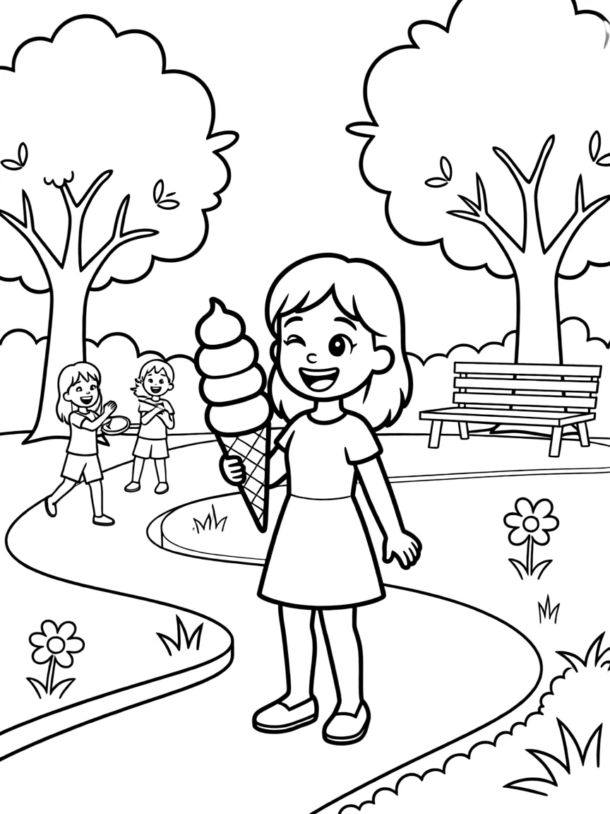 Skye enjoying a day off, eating ice cream or playing with friends in a park setting.