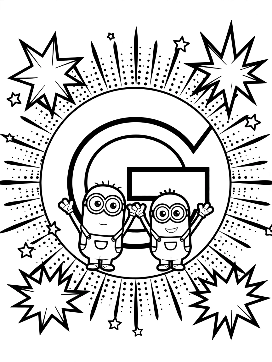 Minions standing proudly in front of their iconic logo with stars and comic-style effects around.