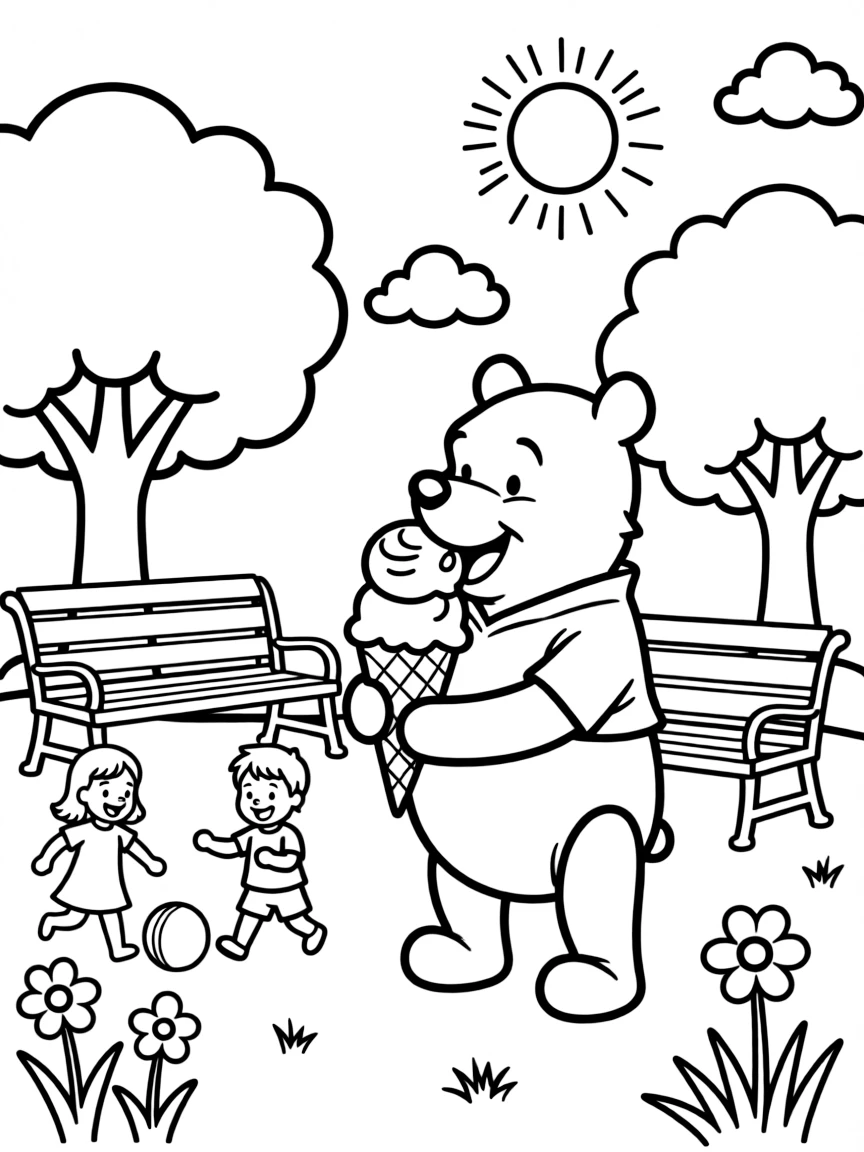 Winnie the Pooh enjoying a day off, eating ice cream or playing with friends in a park setting.