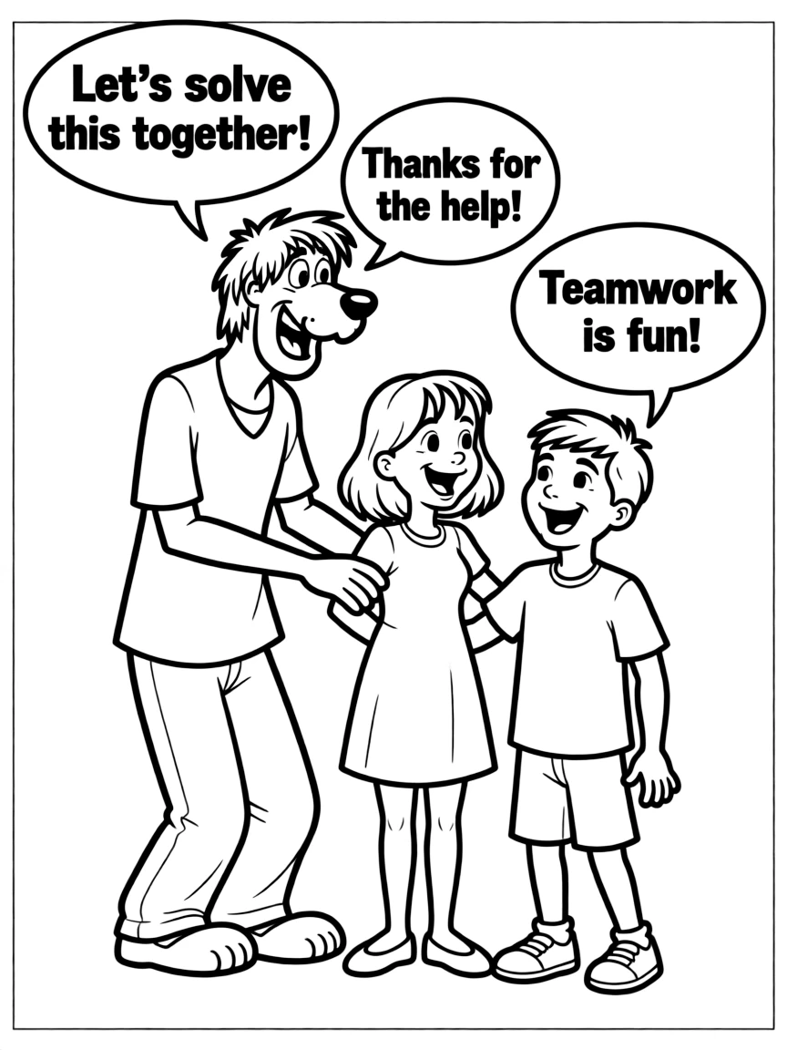 A cartoon-style drawing of Shaggy helping friends, with speech bubbles and cheerful faces.