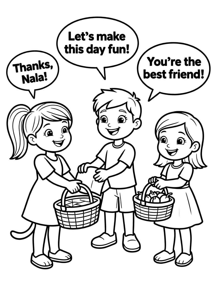 A cartoon-style drawing of Nala helping friends, with speech bubbles and cheerful faces.