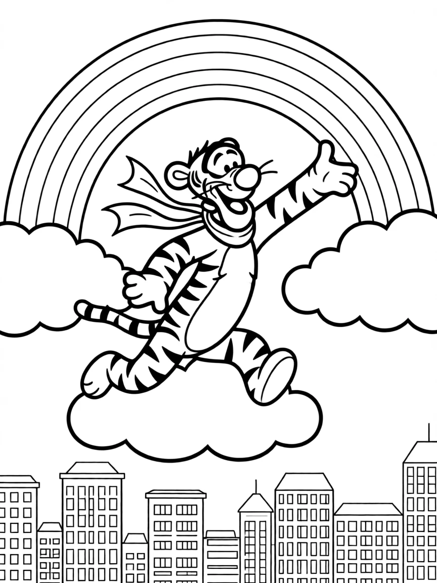 Tigger flying through the clouds with a rainbow behind and city skyline below.