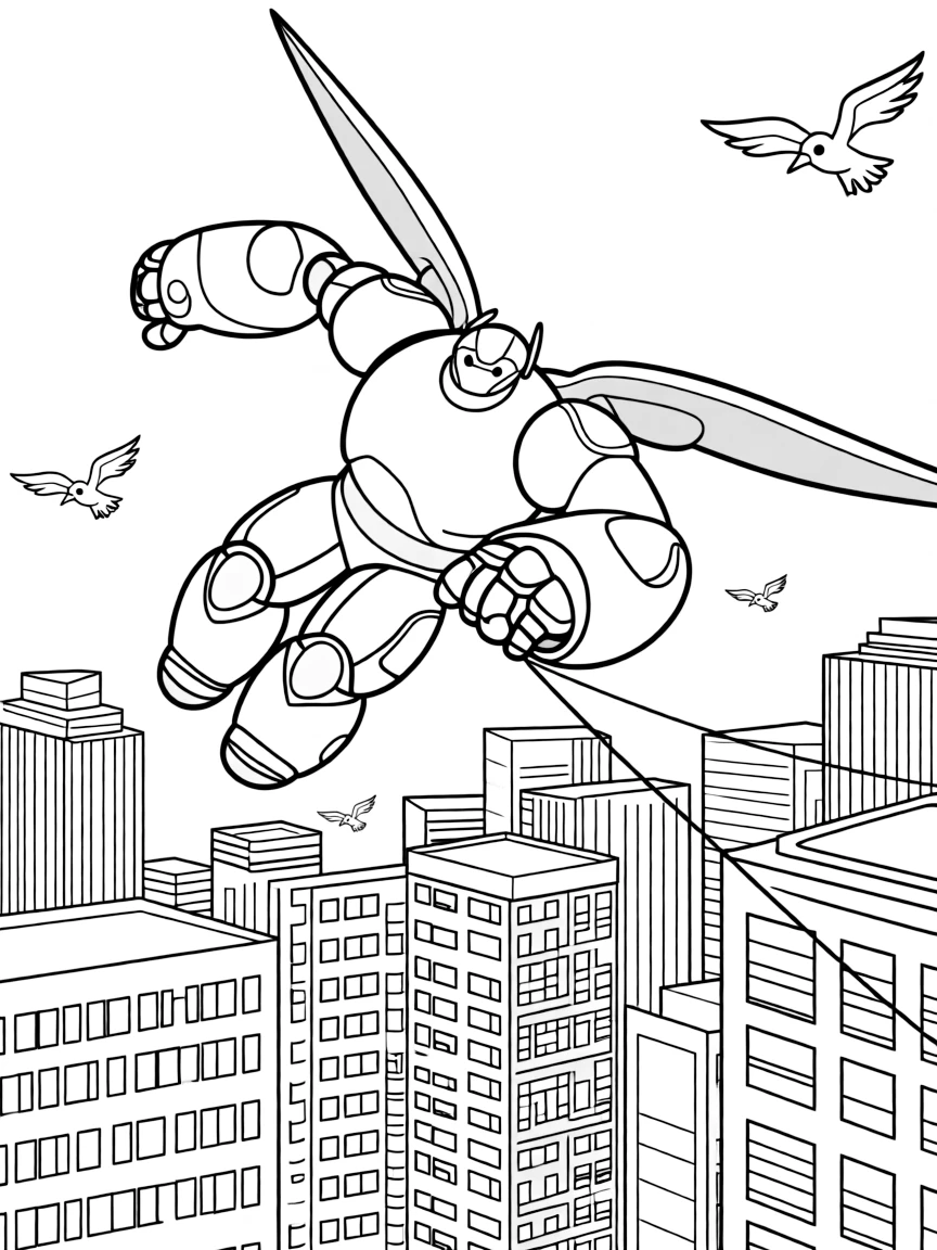 A fun and detailed coloring page of Big Hero 6 swinging through a city full of tall buildings and birds.