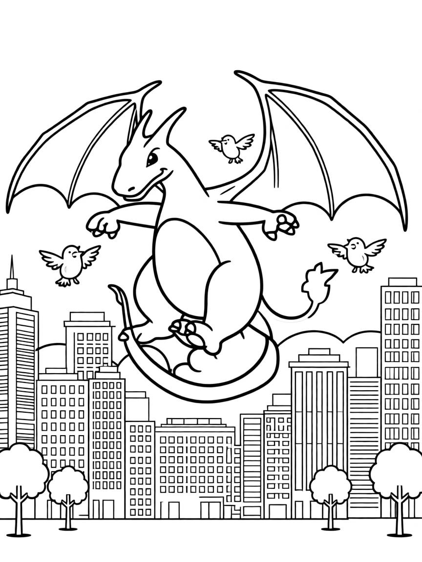 A fun and detailed coloring page of Charizard swinging through a city full of tall buildings and birds.